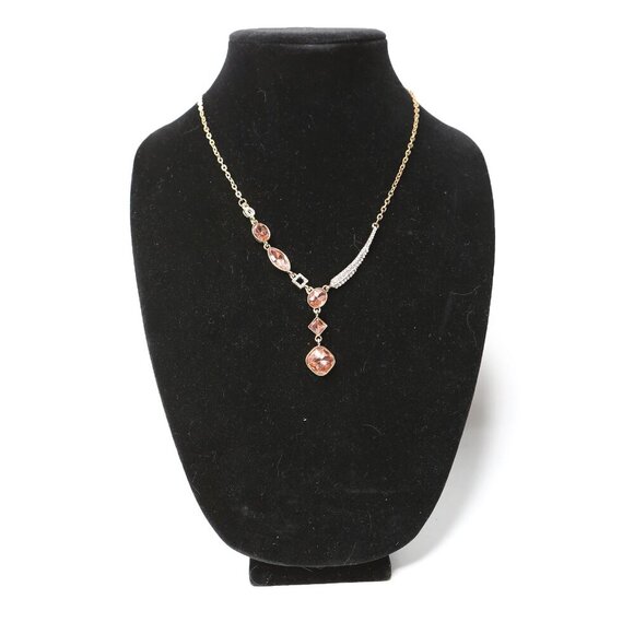 Gold Tone Pendant Necklace Rhinestone Pink Gems Asymmetrical Fashion Jewelry - Picture 2 of 10